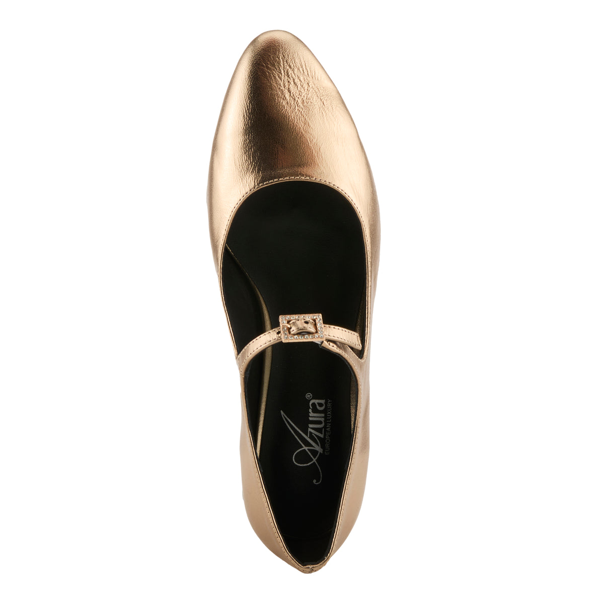 Azura Aluminate women's shoe in gold with leather upper and buckle detail