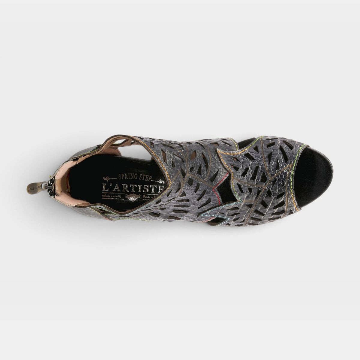 L'Artiste Amora sandals in Charcoal, top view