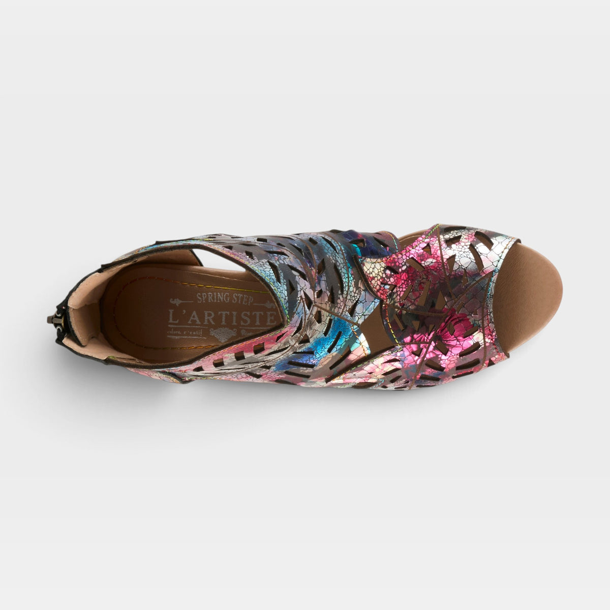 L'Artiste Amora sandals in Fuchsia Multi, top view
