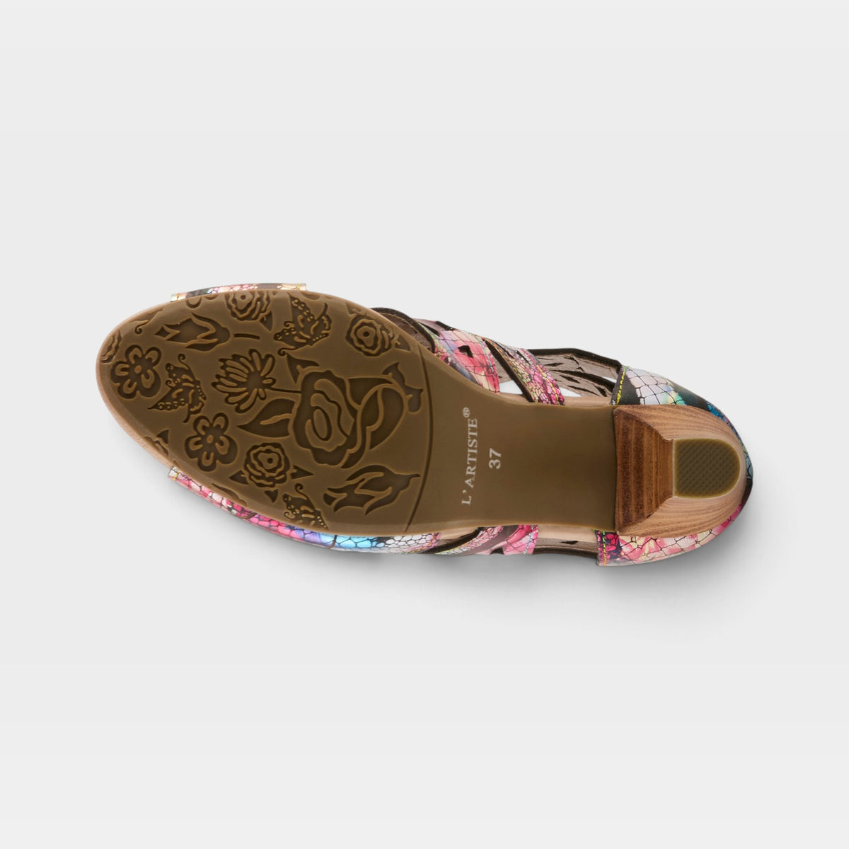 L'Artiste Amora sandals in Fuchsia Multi, outsole view