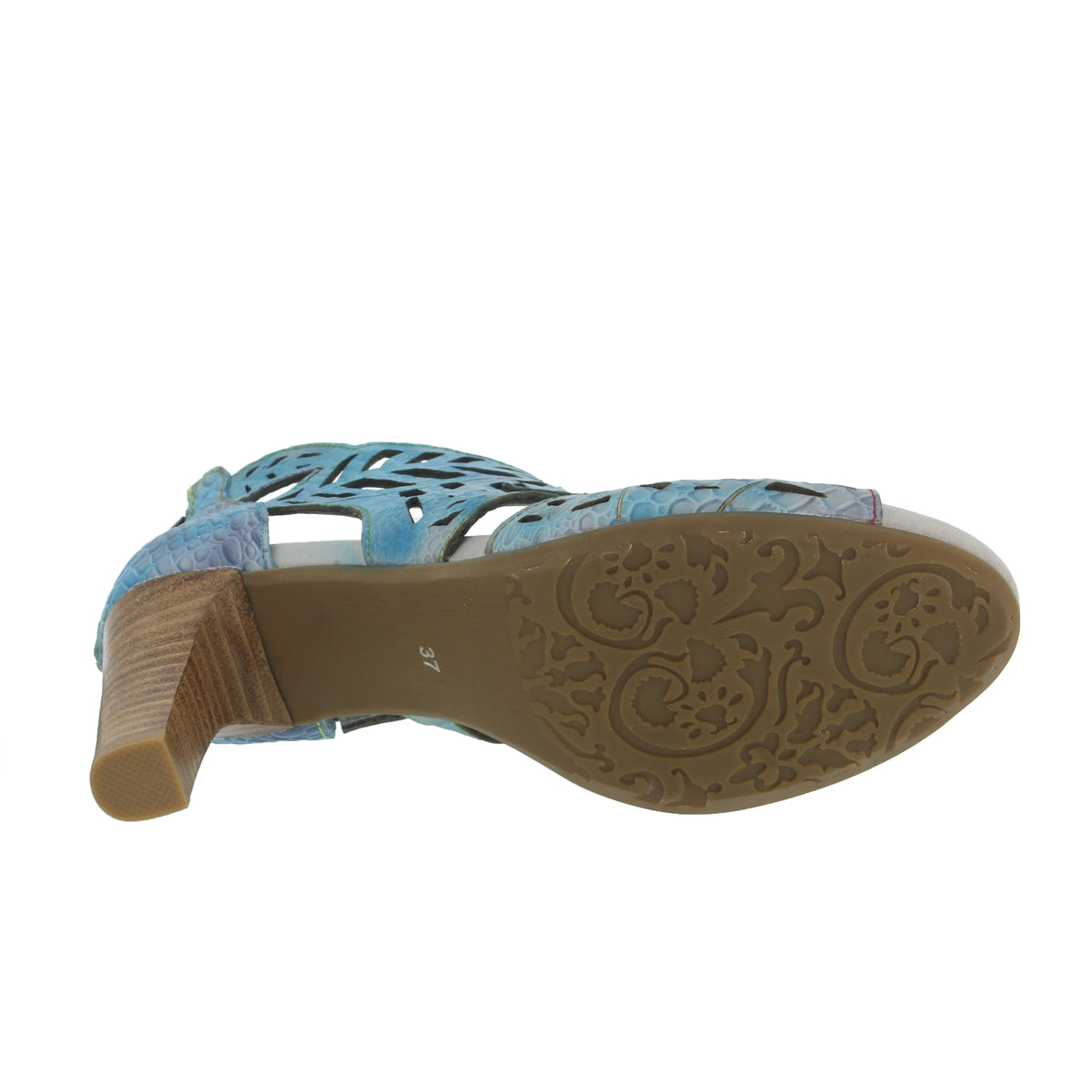 L'Artiste Amora sandals in Turquoise, outsole view