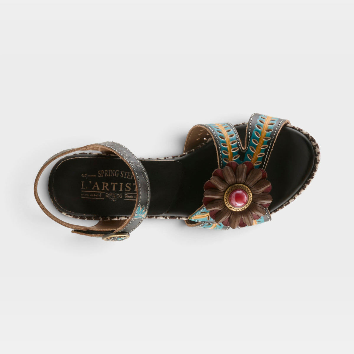 L'Artiste Astarr sandals in Black Multi, top view