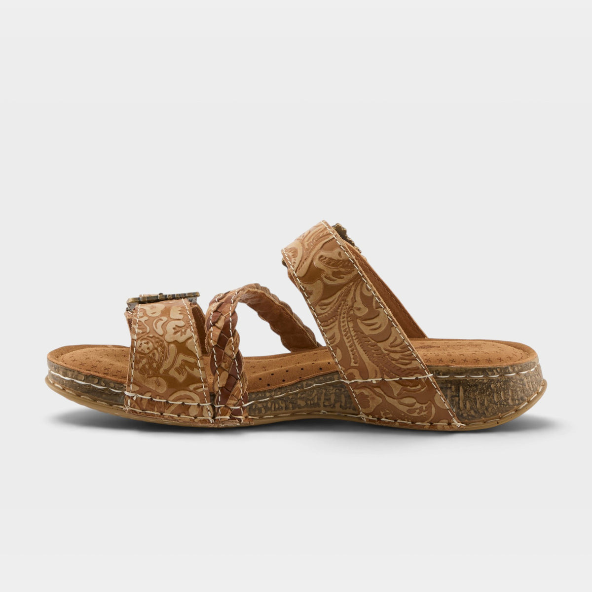 L'Artiste Astra slide sandal in Tan, side view