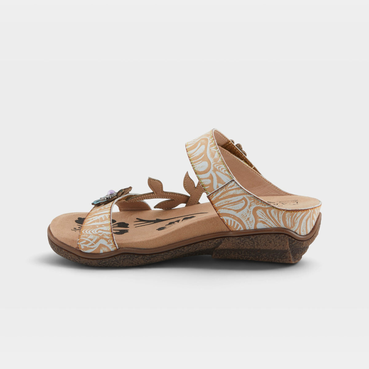 L'Artiste Aymee slide sandals in Beige Multi, side view