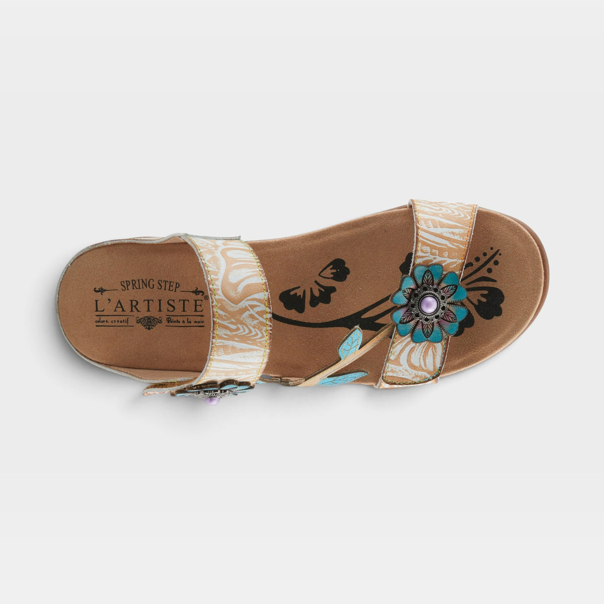 L'Artiste Aymee slide sandals in Beige Multi, top view