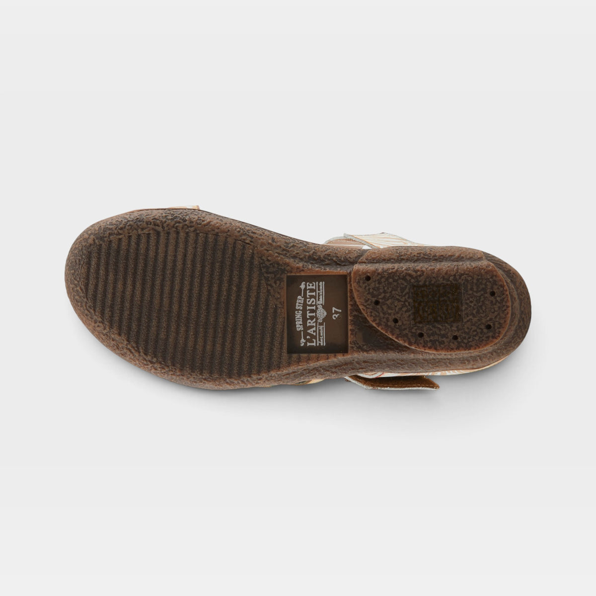 L'Artiste Aymee slide sandals in Beige Multi, outsole view