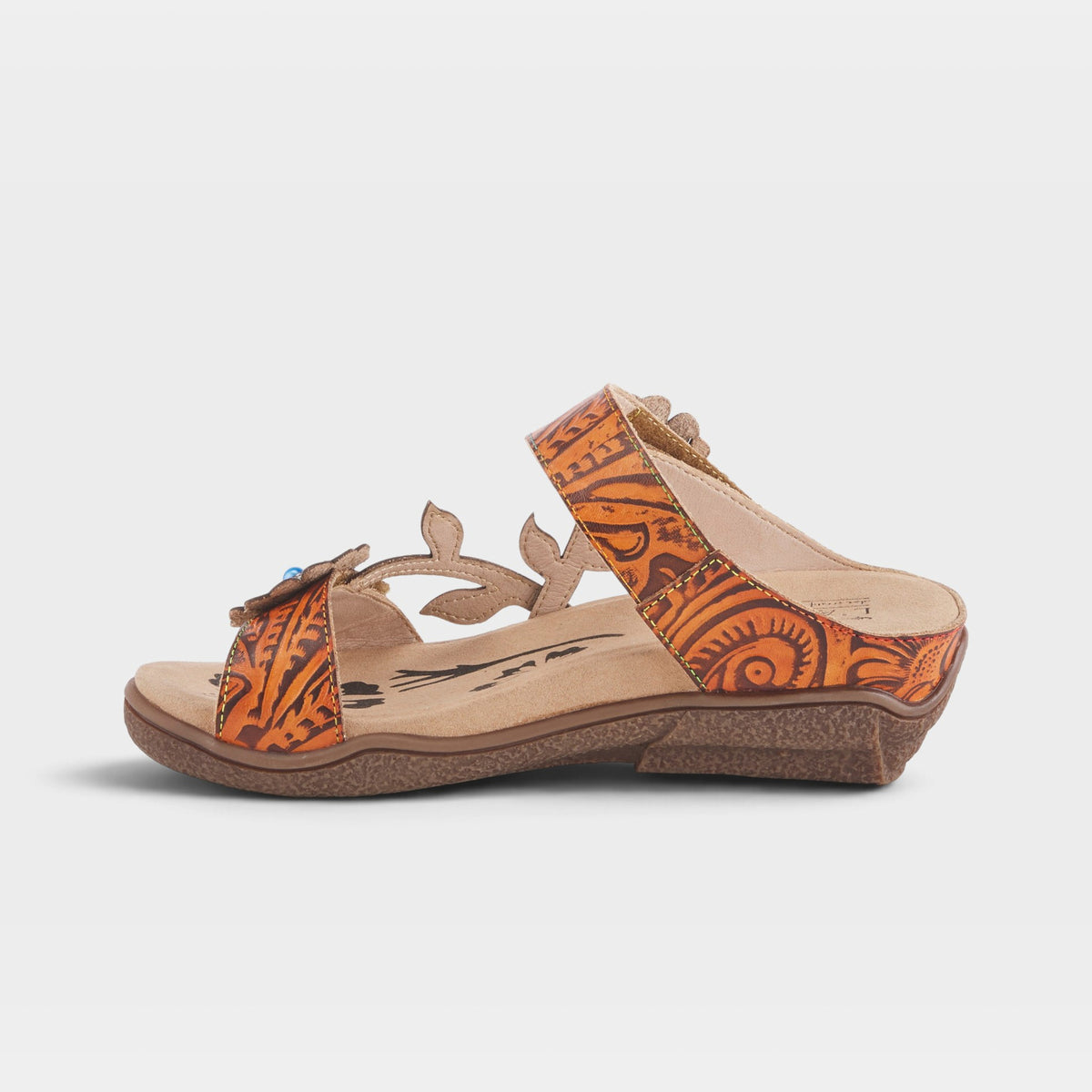 L'Artiste Aymee slide sandals in Mango Multi, side view