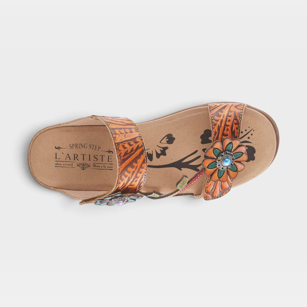 L'Artiste Aymee slide sandals in Mango Multi, top view