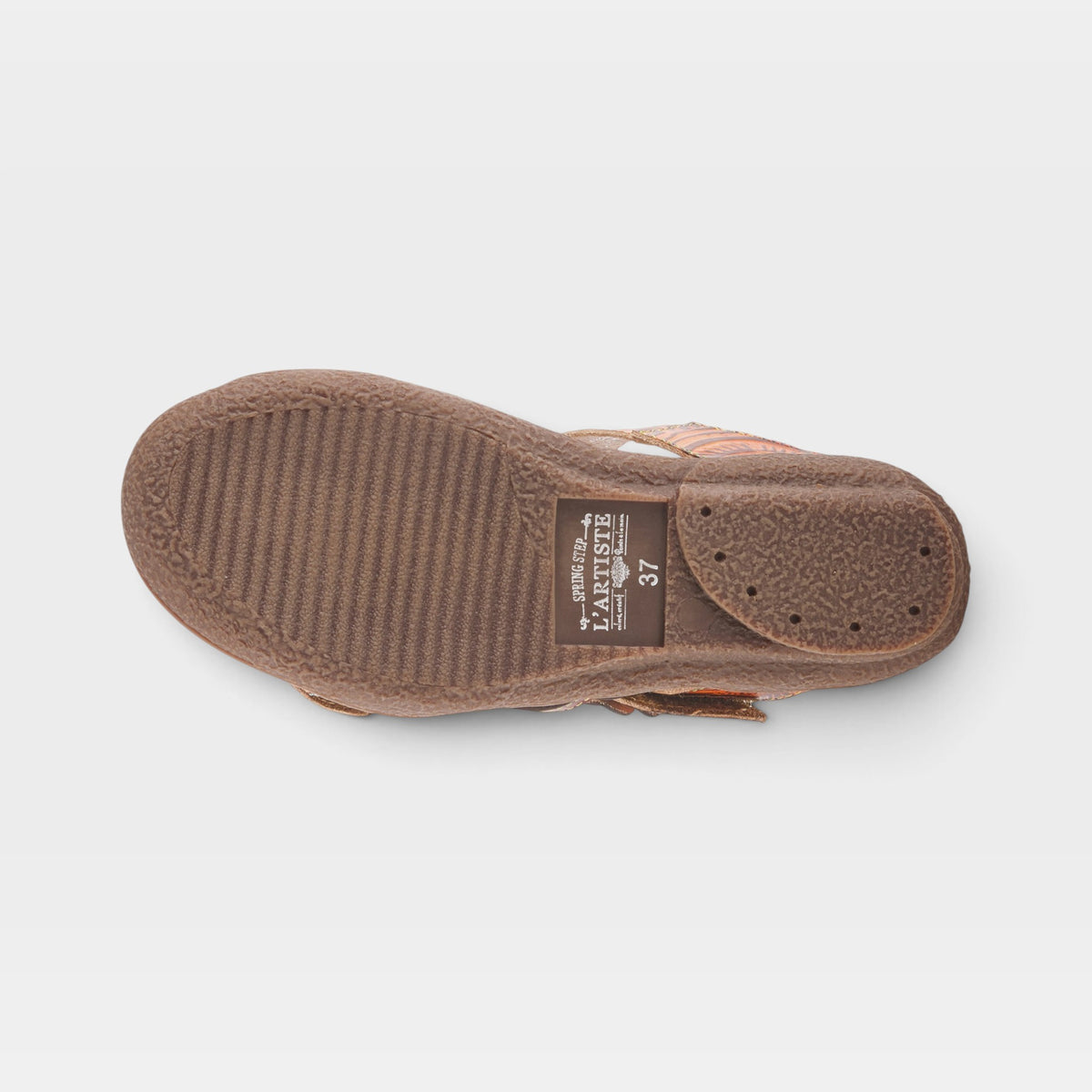 L'Artiste Aymee slide sandals in Mango Multi, outsole view