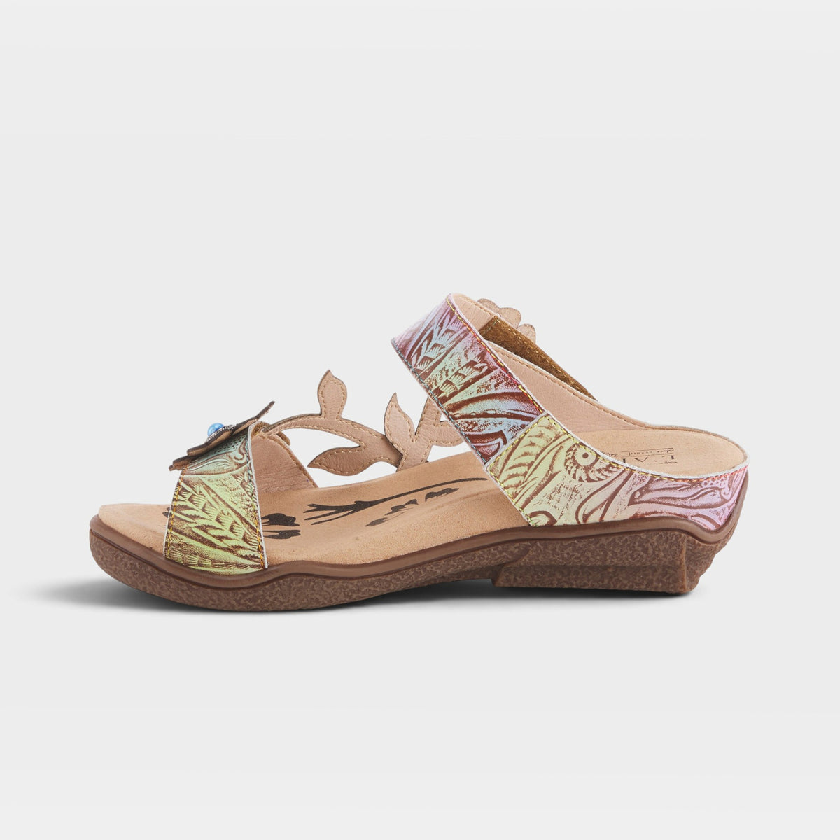 L'Artiste Aymee slide sandals in Sky Multi, side view