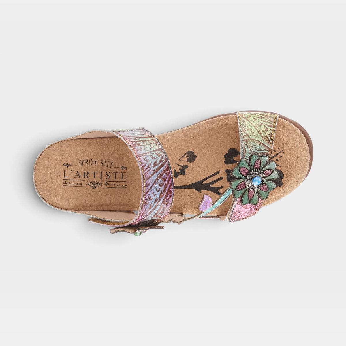 L'Artiste Aymee slide sandals in Sky Multi, top view