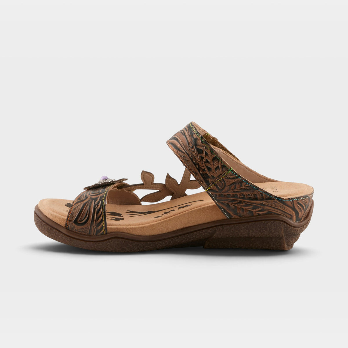 L'Artiste Aymee slide sandals in Taupe Multi, side view