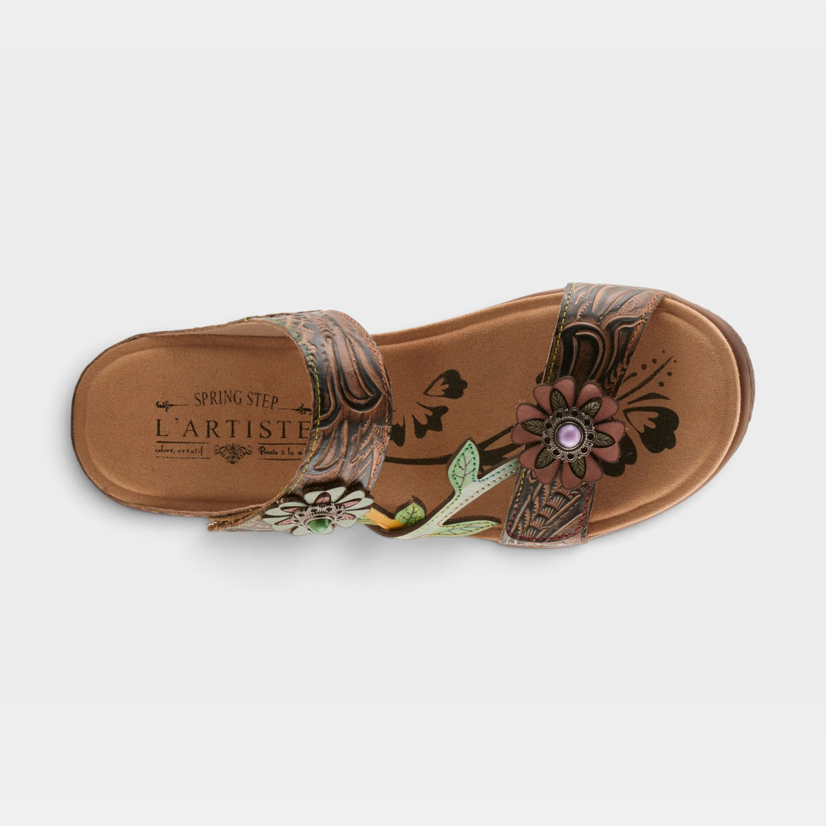 L'Artiste Aymee slide sandals in Taupe Multi, top view