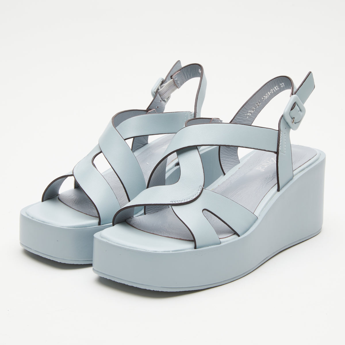 Azura Barbay Slingback women's wedge sandal in sky blue with leather upper and buckle detail