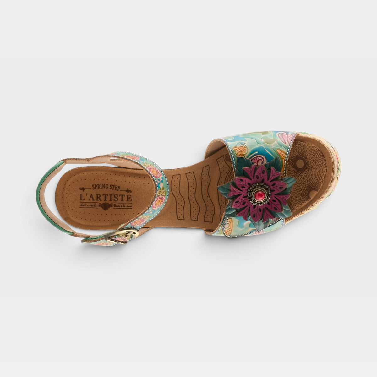 L'Artiste Boca sandals in Mint Green Multi, top view