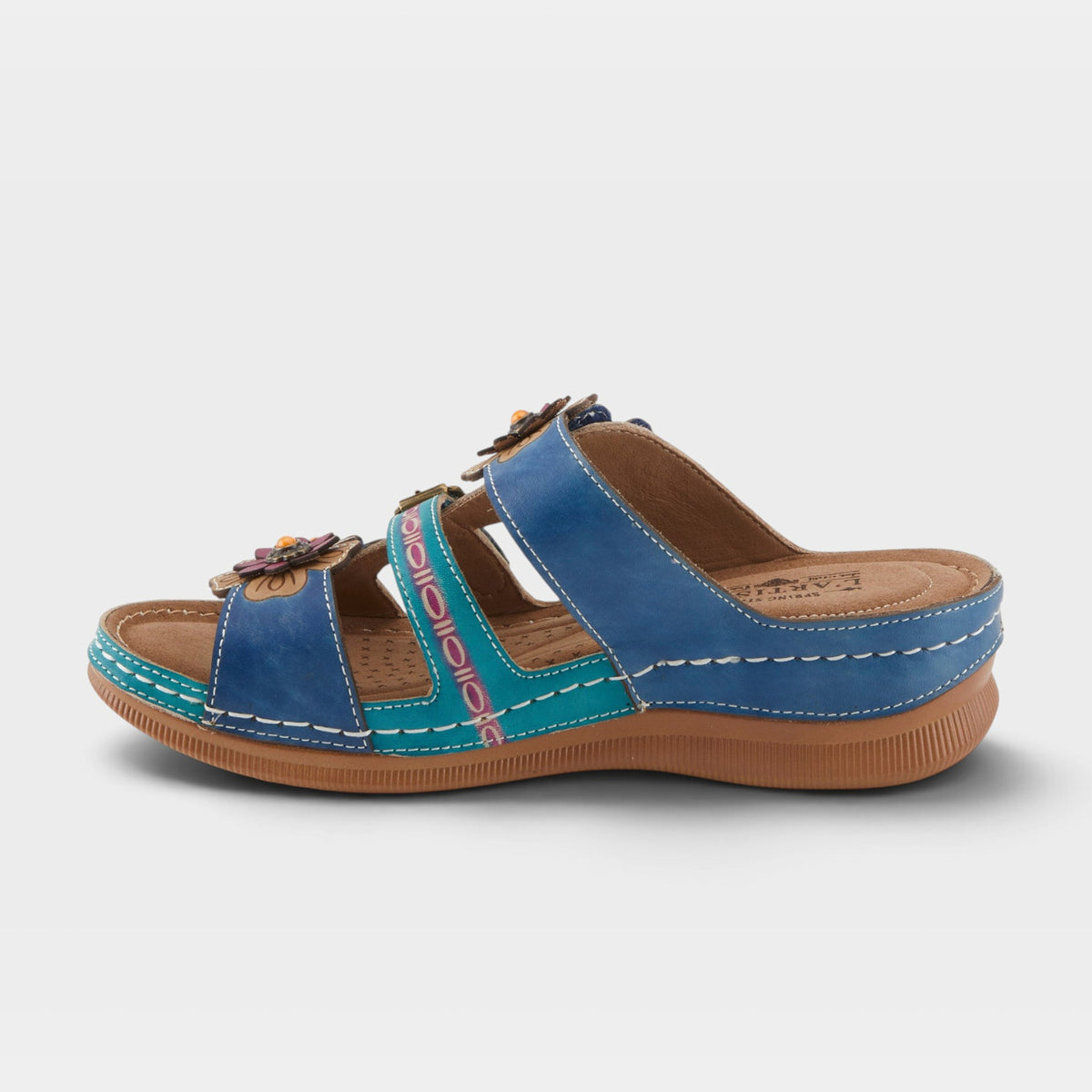 L'Artiste Brash sandals in Blue Multi, side view