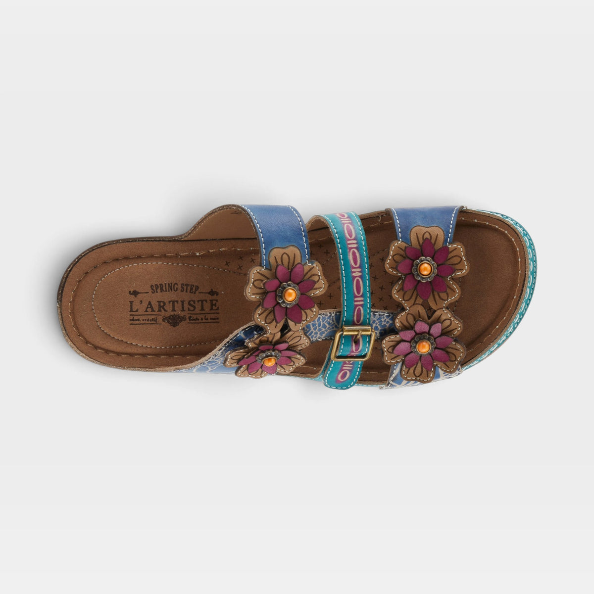 L'Artiste Brash sandals in Blue Multi, top view