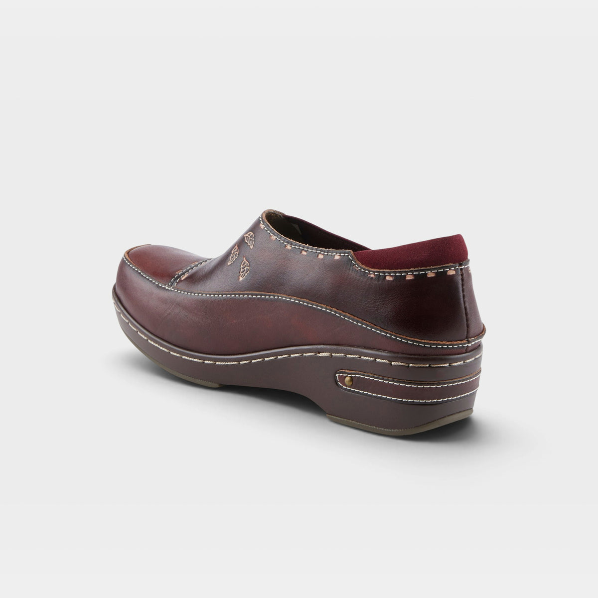 L'Artiste Burbank clogs in Bordeaux, alternate angle view
