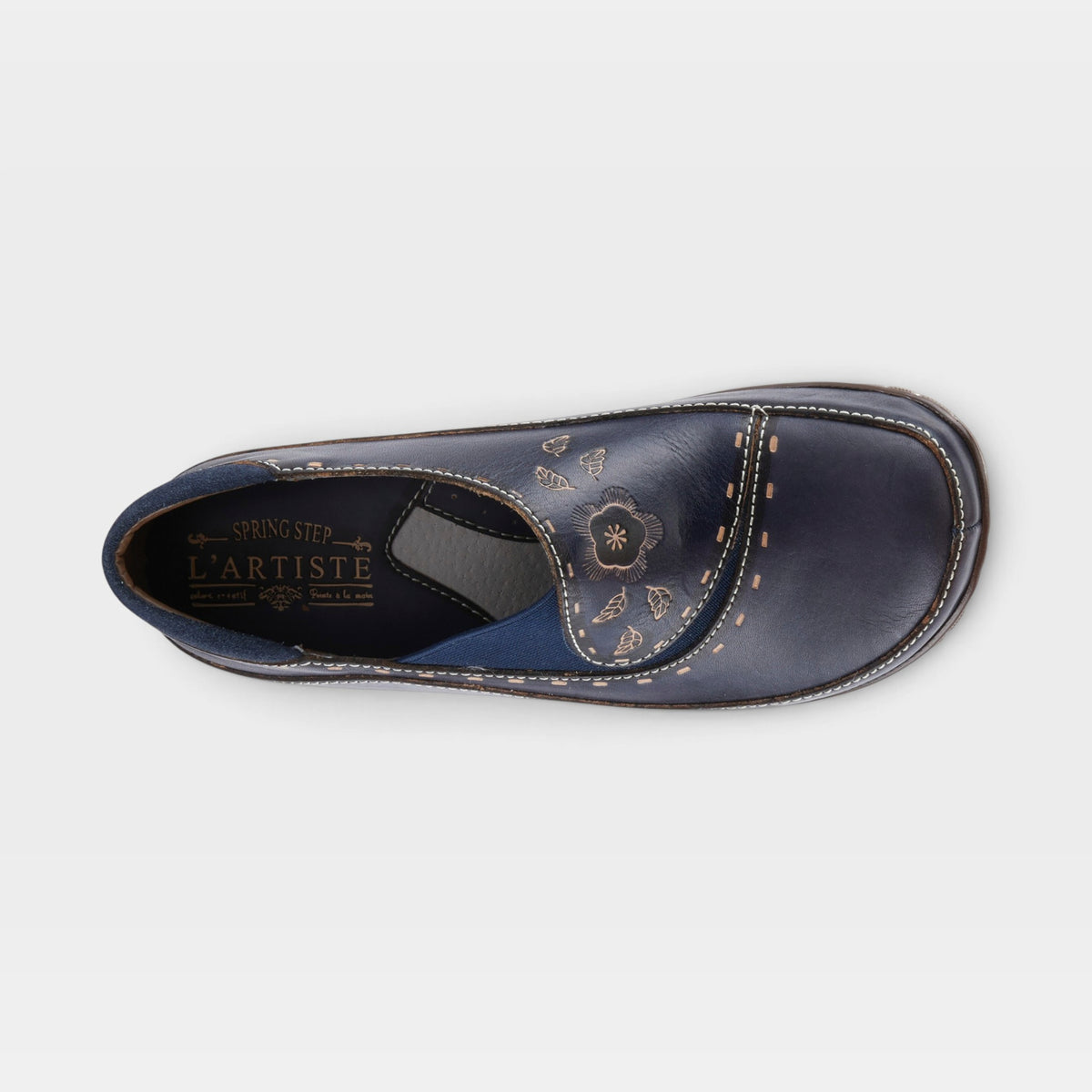 L'Artiste Burbank clogs in Navy, top view