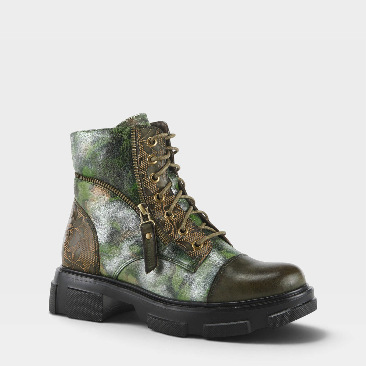 L'Artiste CARNELIAN BOOTIE in OLIVE MULTI, front view