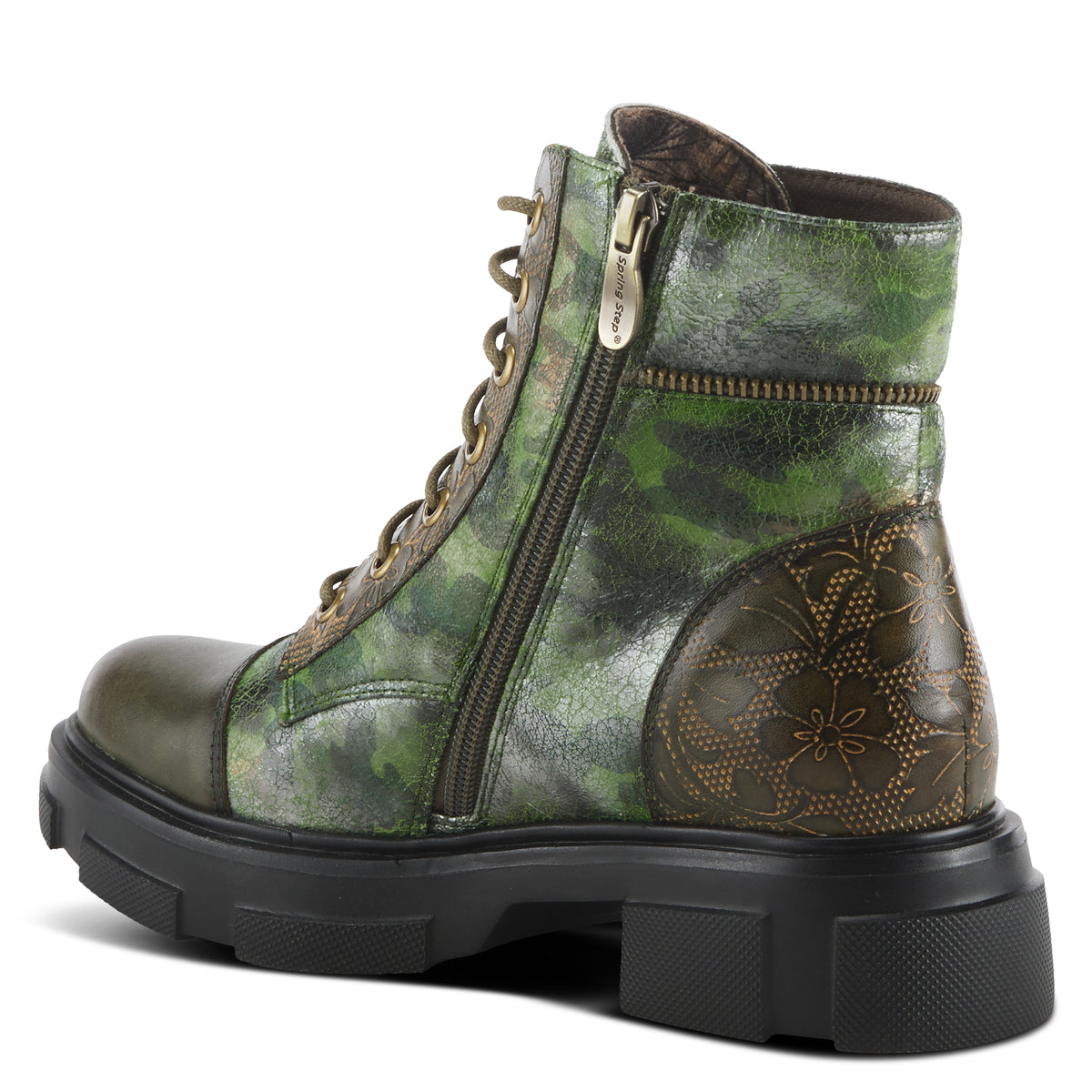 L'Artiste L'ARTISTE CARNELIAN BOOTIE boot in olive multi with handcrafted leather design