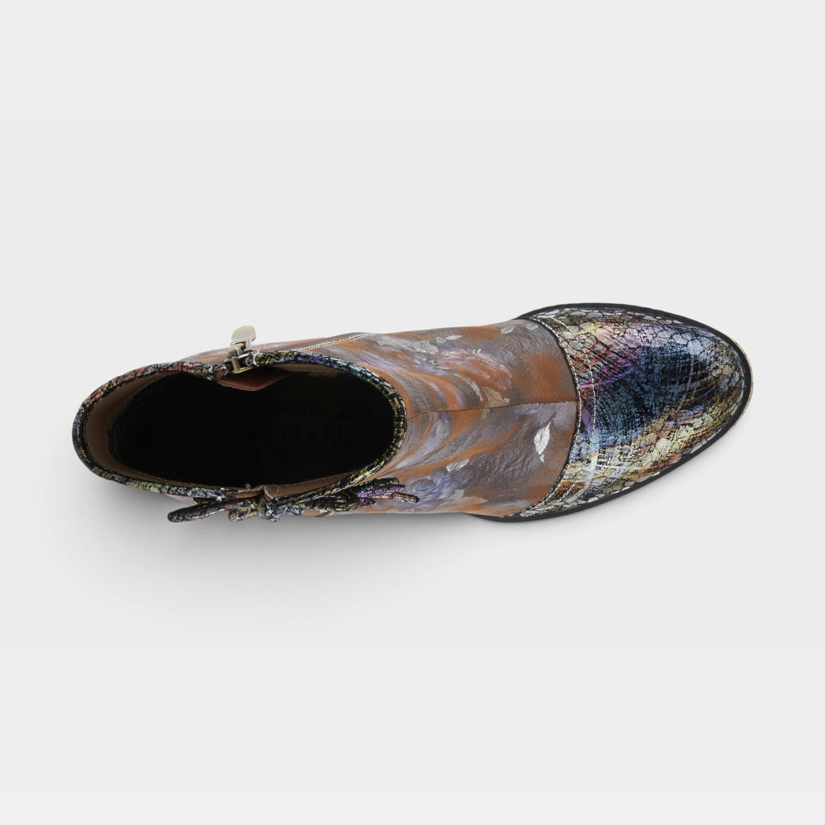 L'Artiste Carre boots in Brown Multi, top view