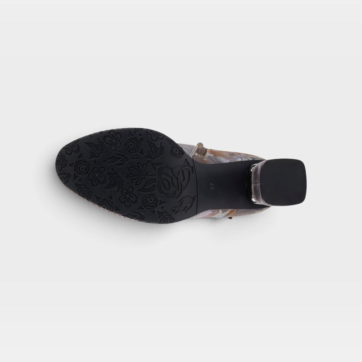 L'Artiste Carre boots in Brown Multi, outsole view