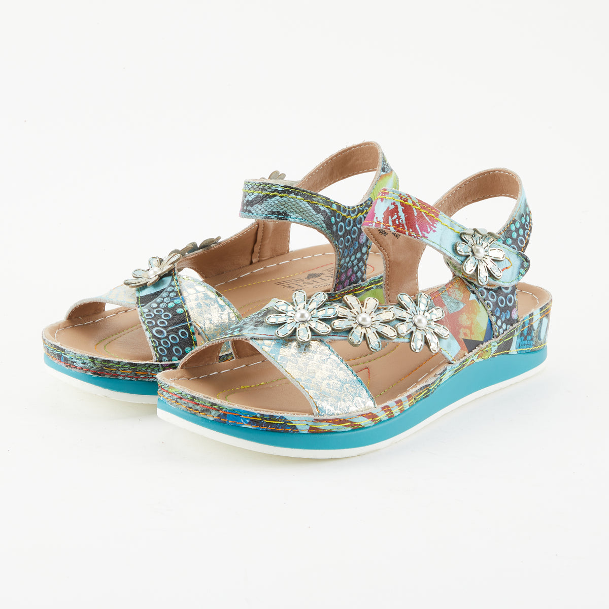 L'Artiste L'ARTISTE CHARLEEN ANKLE STRAP SANDALS sandal in blue multi with handcrafted leather design
