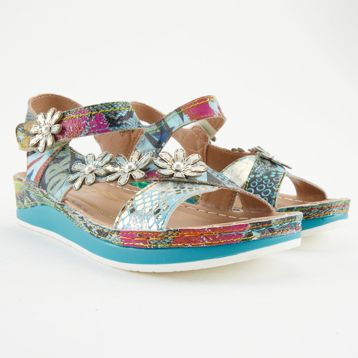 L'Artiste L'ARTISTE CHARLEEN ANKLE STRAP SANDALS sandal in blue multi with handcrafted leather design