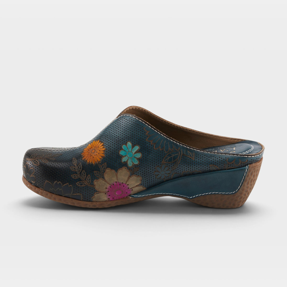 L'Artiste Chienti clogs in Navy Multi, side view