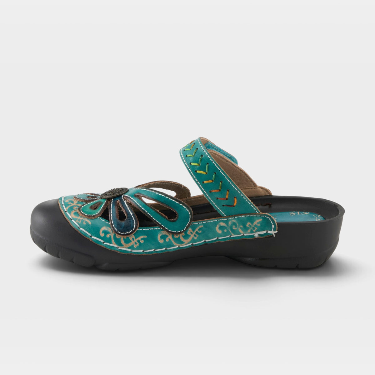 L'Artiste Copa clogs in Turquoise Multi, side view