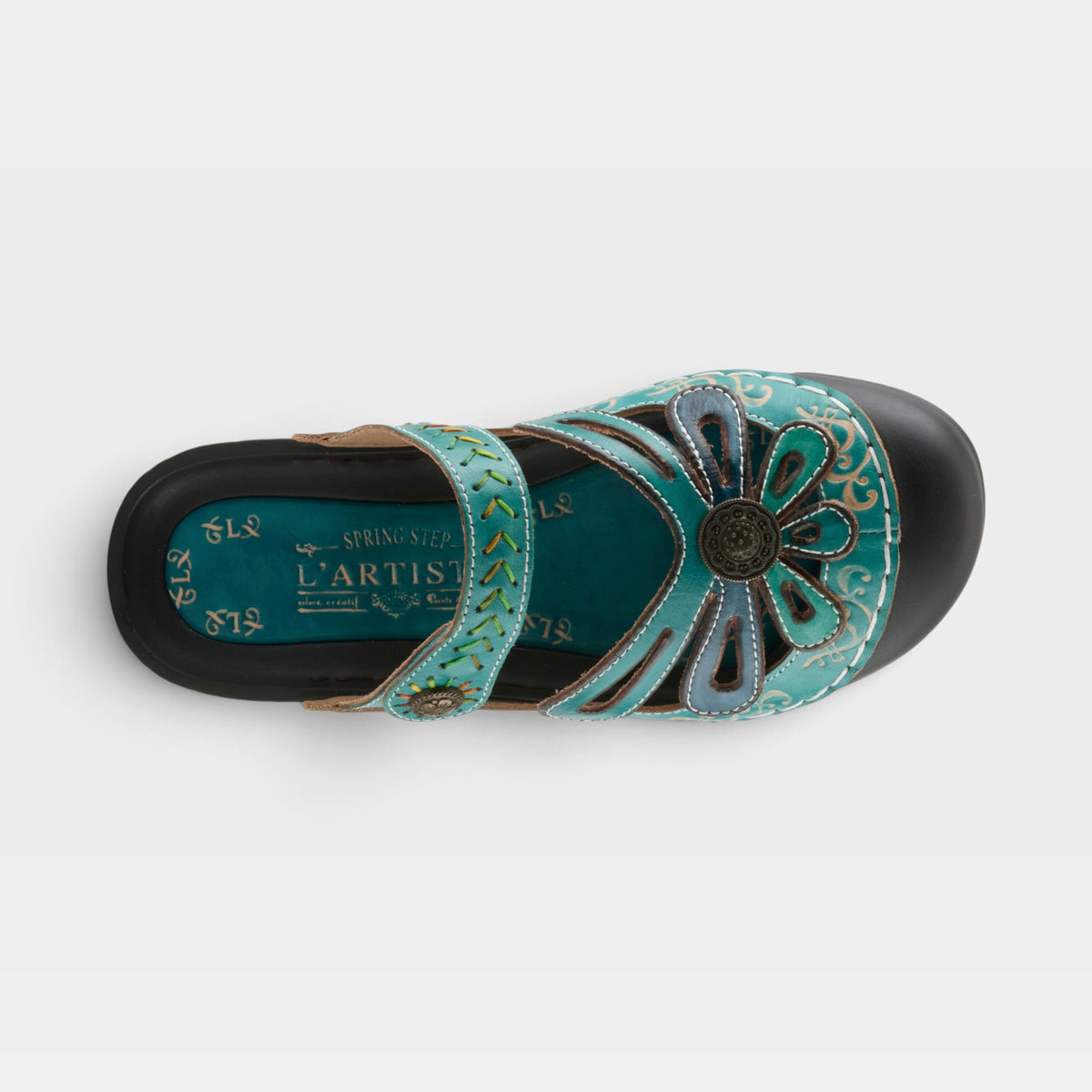 L'Artiste Copa clogs in Turquoise Multi, top view