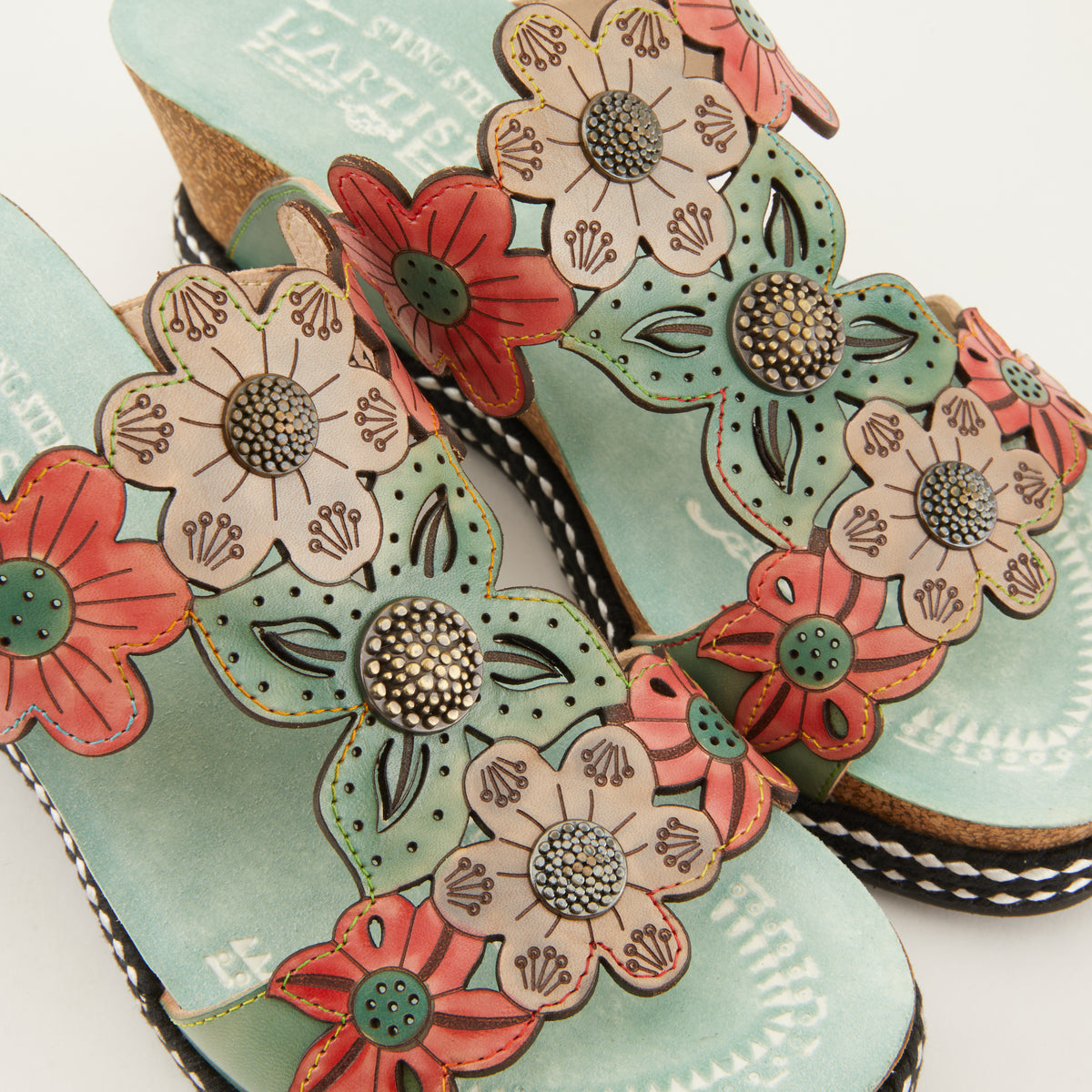 L'Artiste L'ARTISTE DAMOUR SLIDE SANDALS sandal in mint green multi with handcrafted leather design