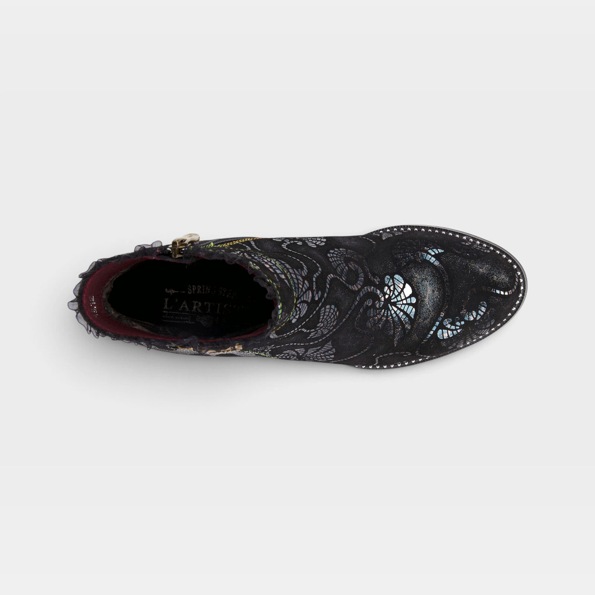 L'Artiste Dessa bootie in Black Multi, top view