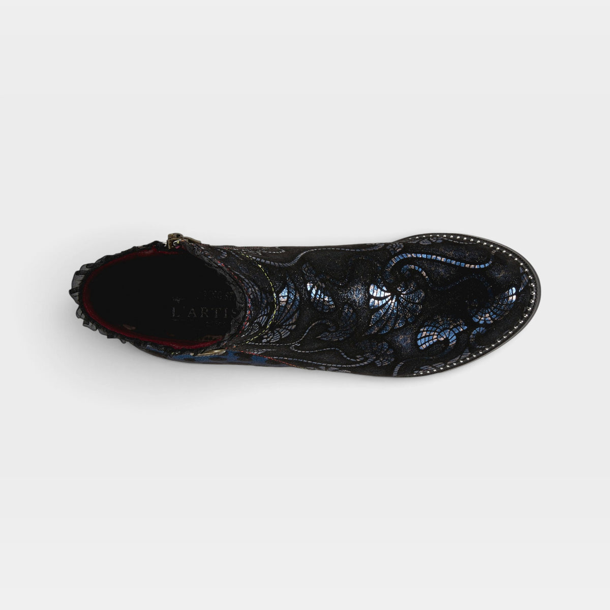 L'Artiste Dessa bootie in Navy Multi, top view