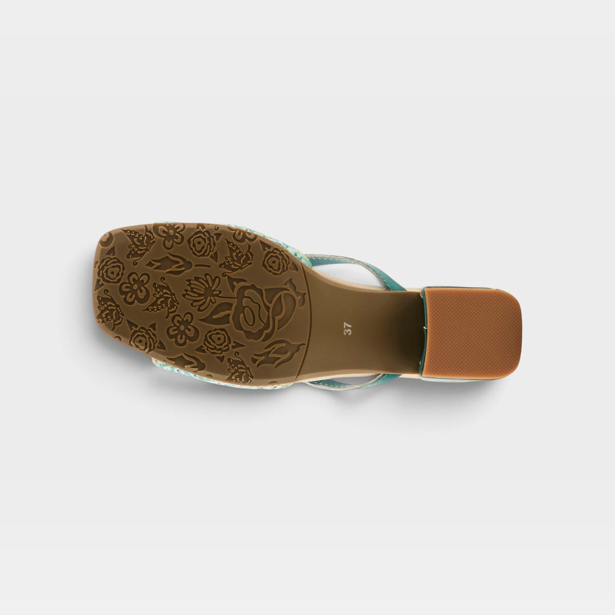 L'Artiste Europa sandals in Teal Multi, outsole view