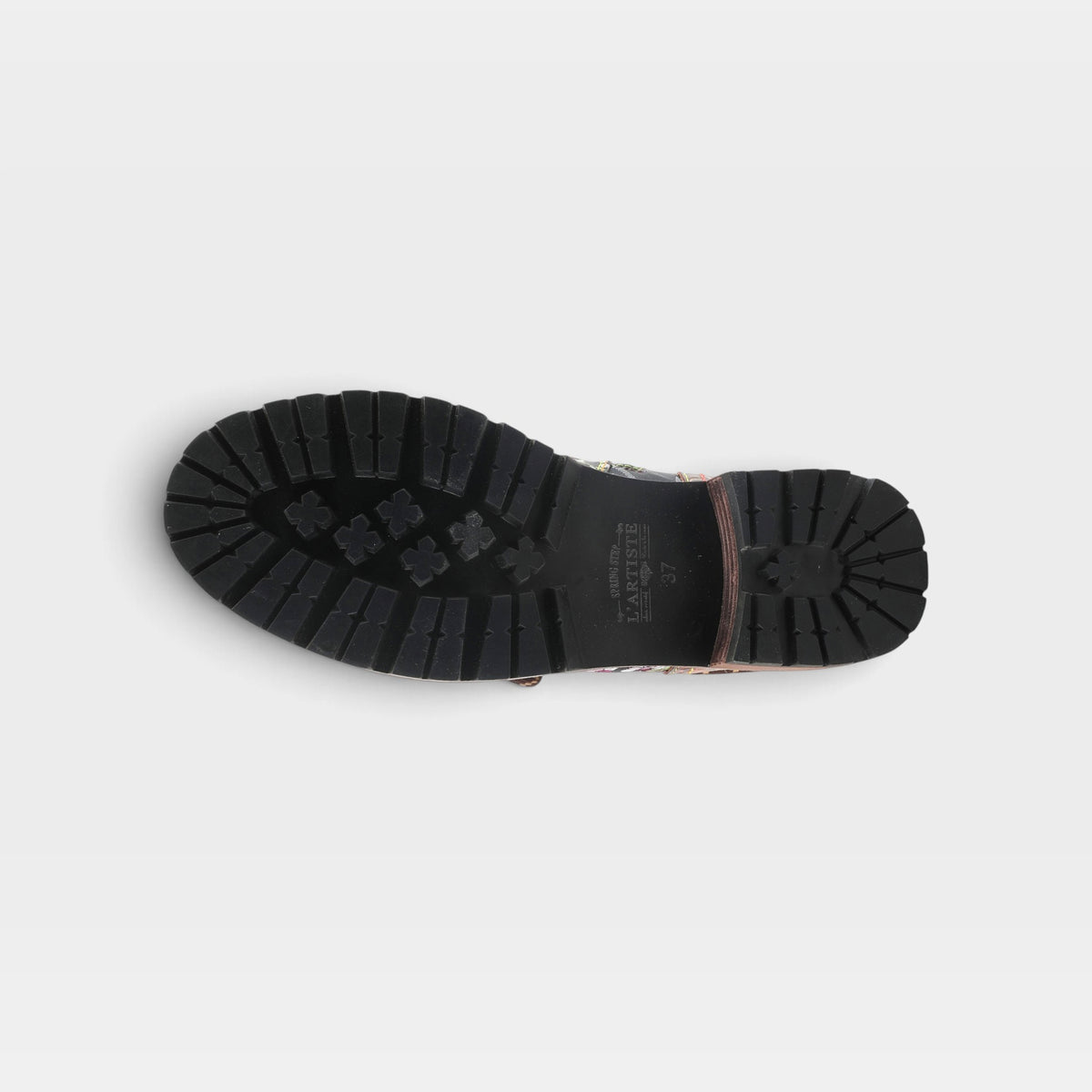 L'Artiste Fantastic booties in Brown Multi, outsole view
