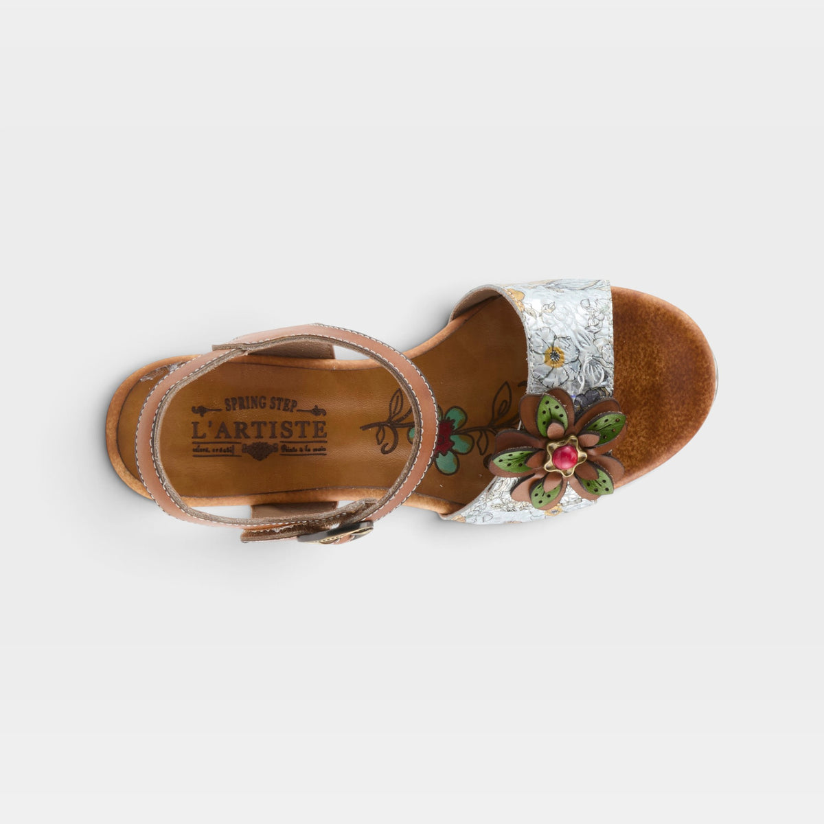 L'Artiste Felis sandals in Camel Multi, top view