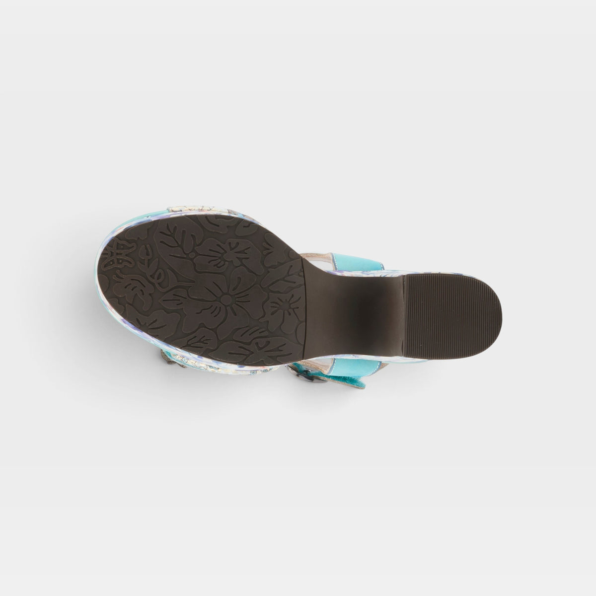 L'Artiste Felis sandals in Sky Blue Multi, outsole view