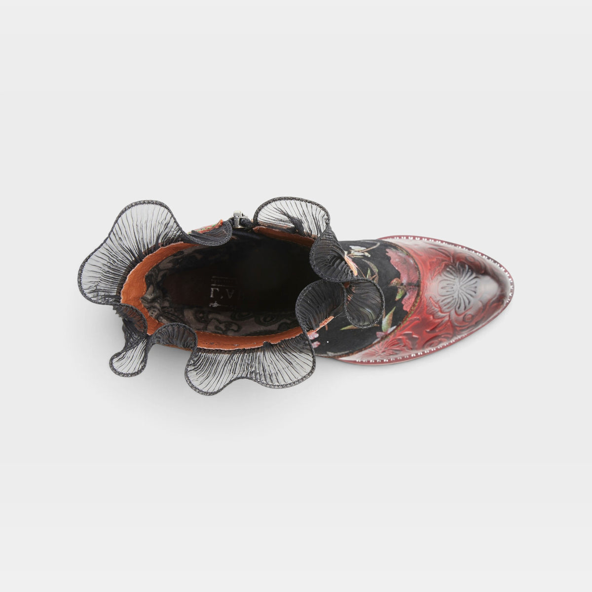 L'Artiste Gaga mid-calf boots in Red Multi, top view