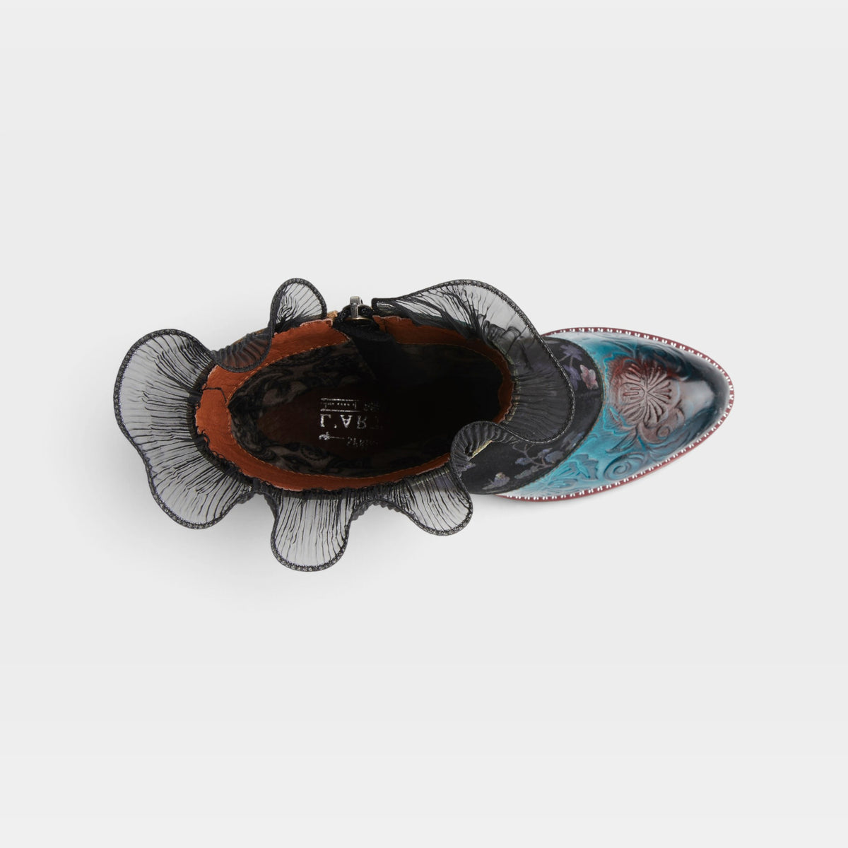 L'Artiste Gaga mid-calf boots in Turquoise Multi, top view