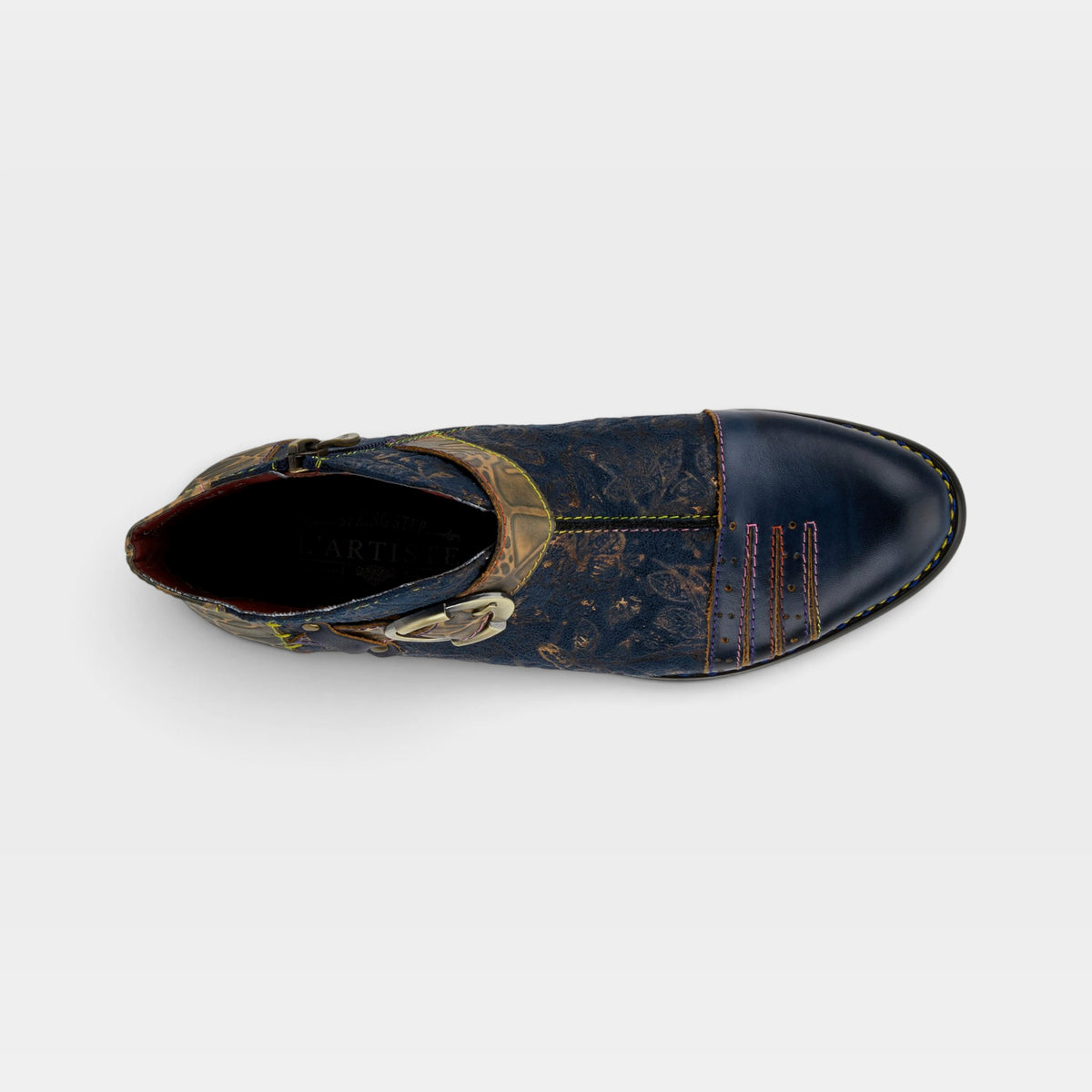 L'Artiste Georgiana boots in Blue Multi, top view
