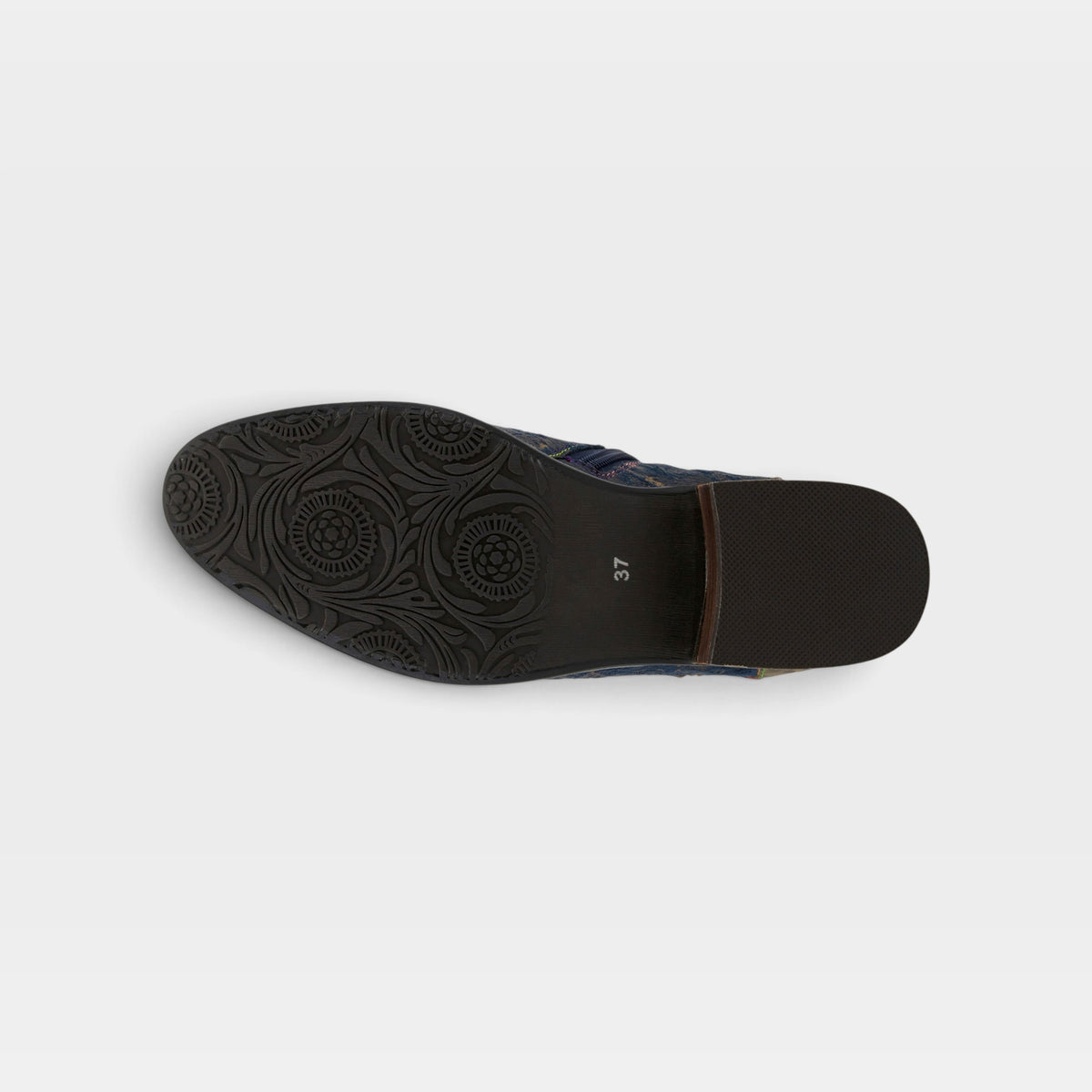 L'Artiste Georgiana boots in Blue Multi, outsole view