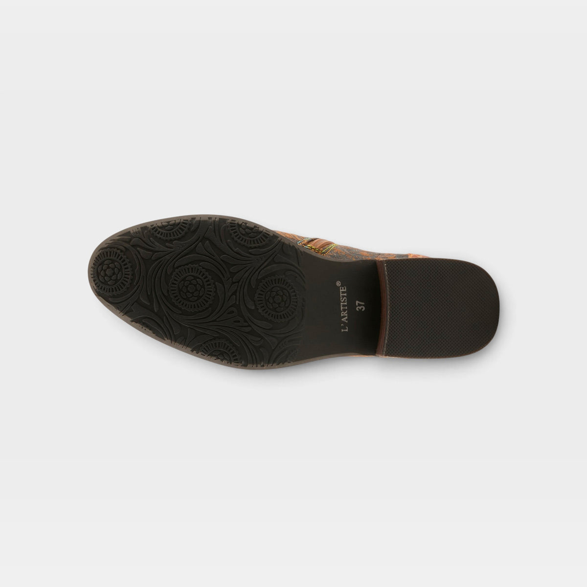 L'Artiste Georgiana boots in Camel Multi, outsole view