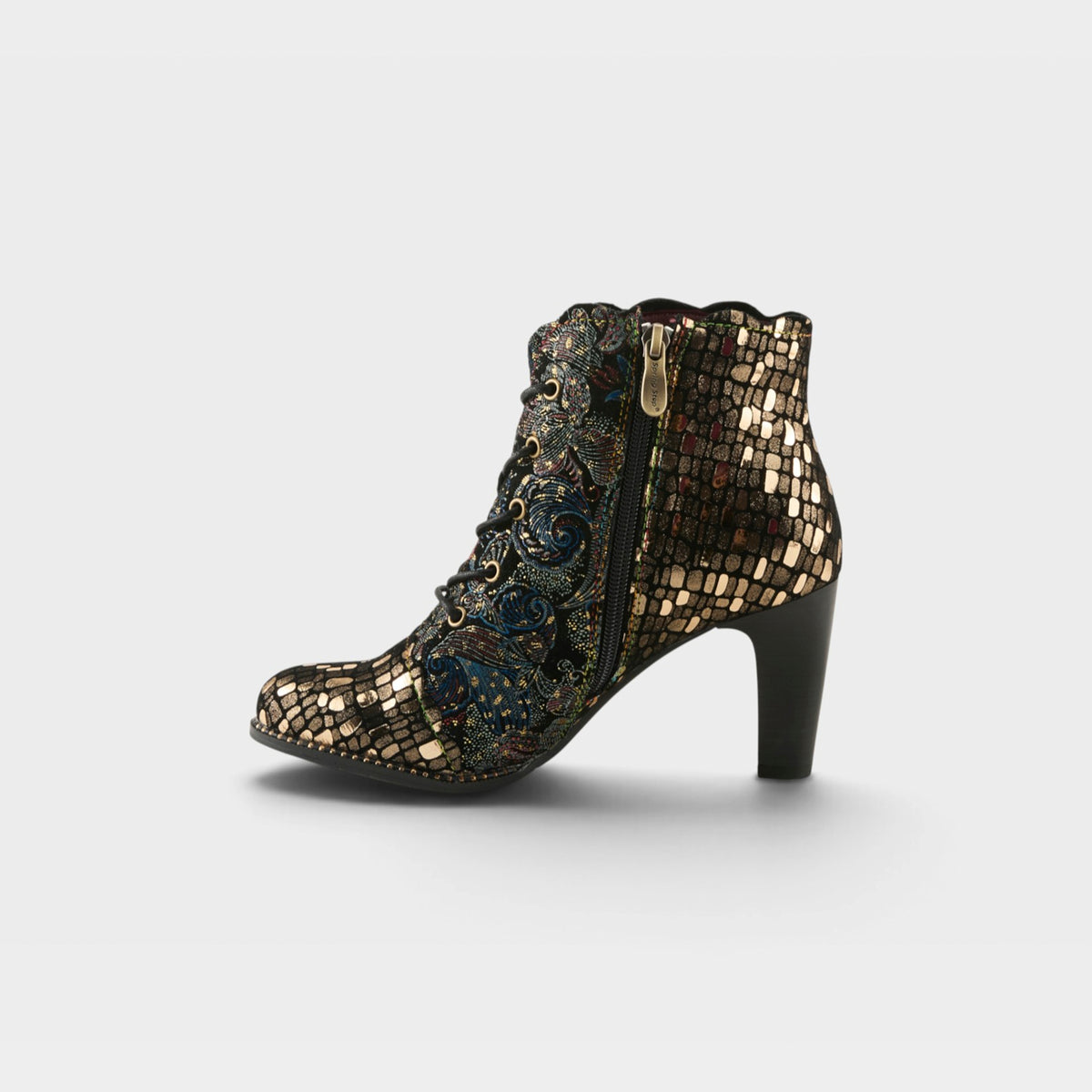 L'Artiste Glitterail boots in Gold Multi, side view