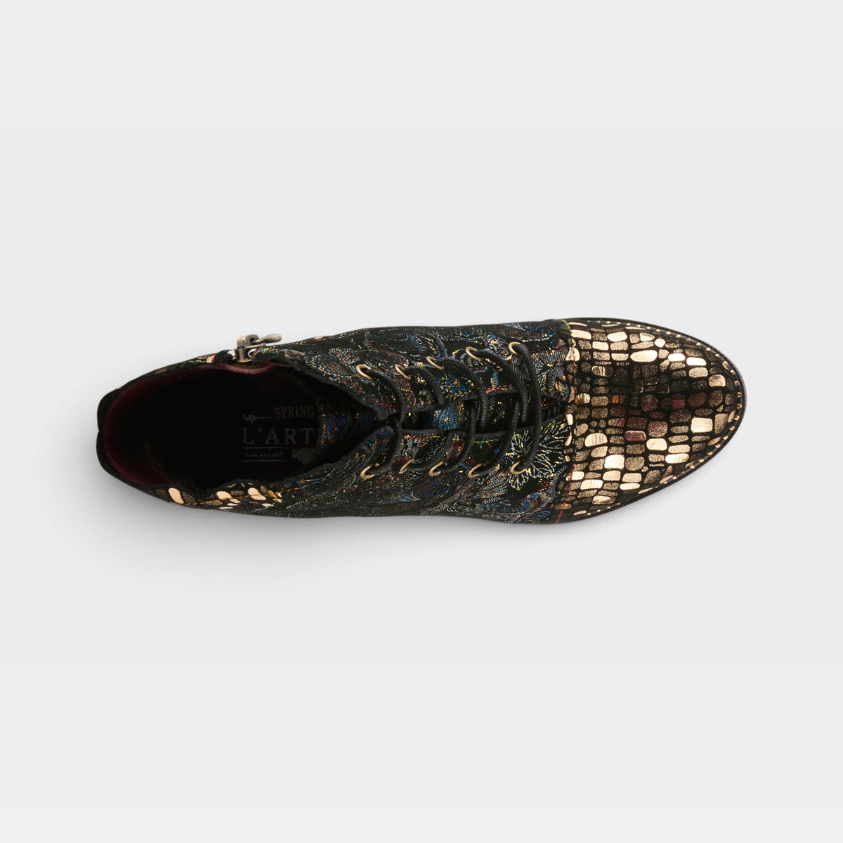 L'Artiste Glitterail boots in Gold Multi, top view
