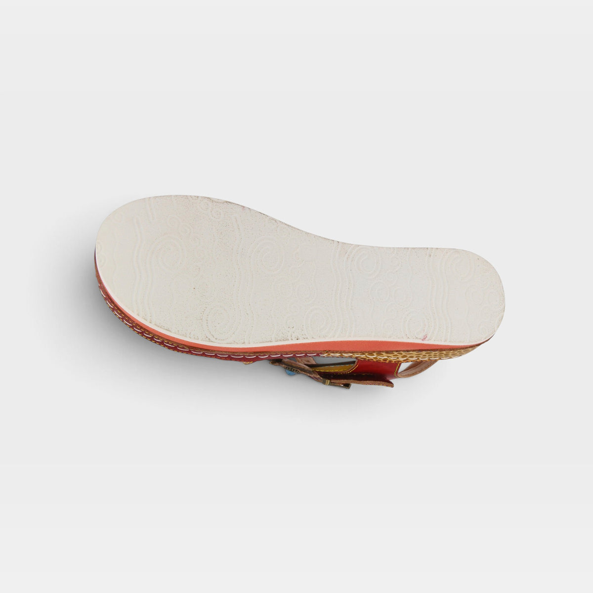L'Artiste Goodie ankle strap sandal in Red, outsole view
