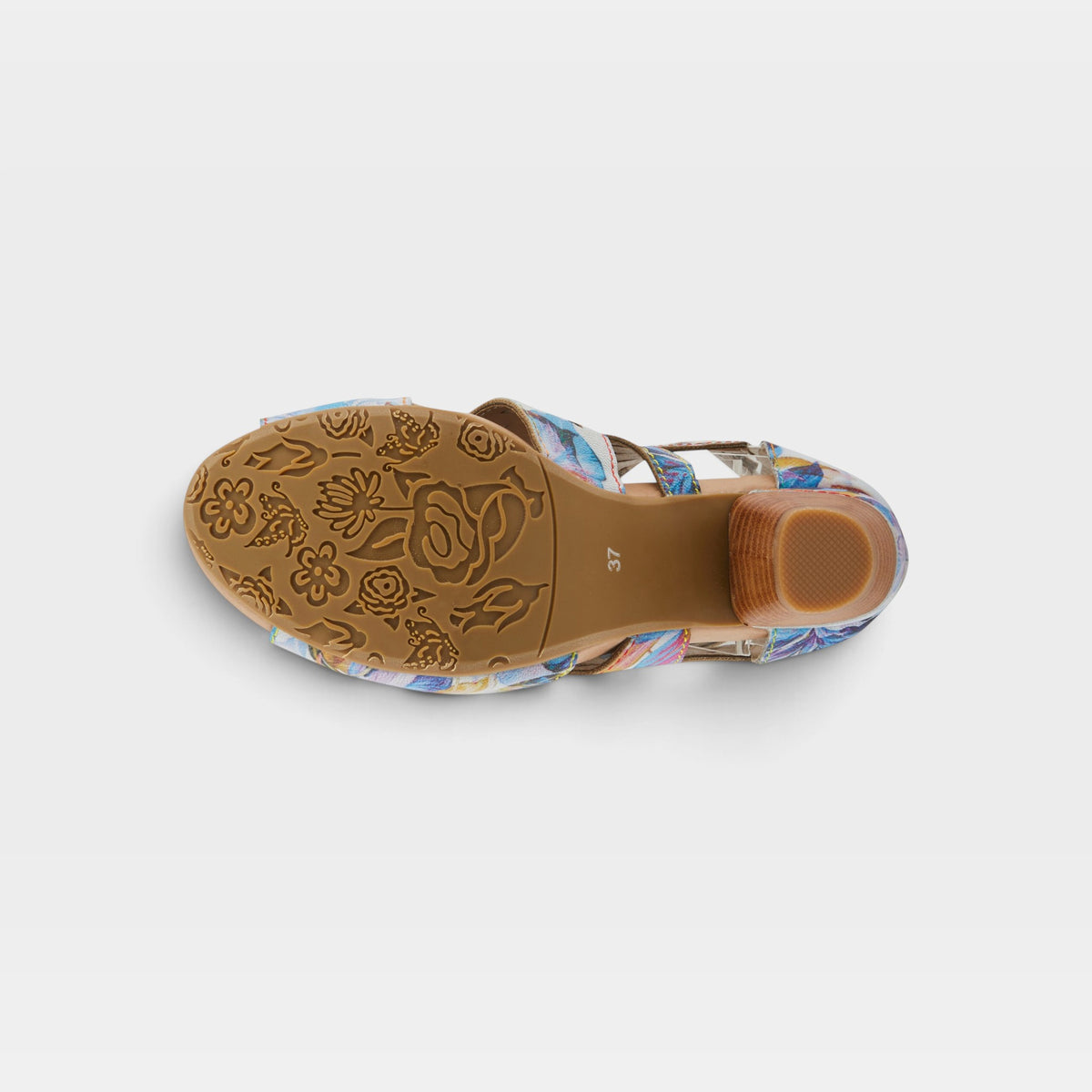 L'Artiste Icon-Fleur sandals in Blue Multi, outsole view