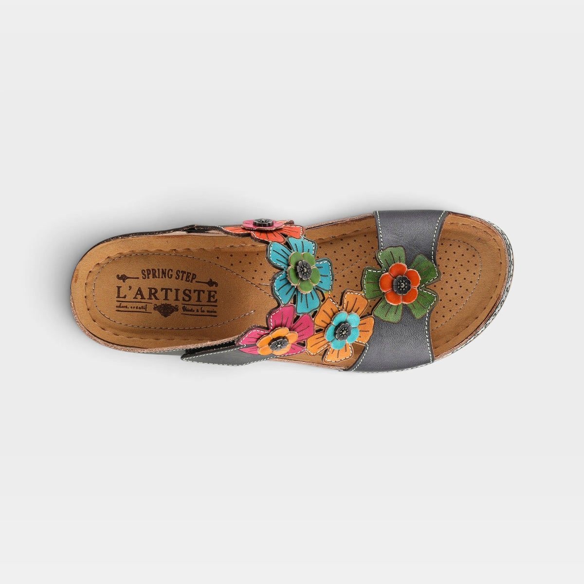 L'Artiste Izna slide sandals in Black Multi, top view
