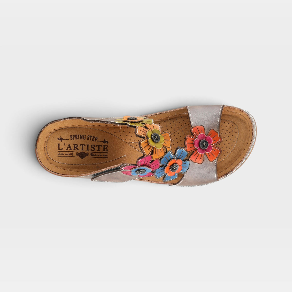 L'Artiste Izna slide sandals in Grey Multi, top view
